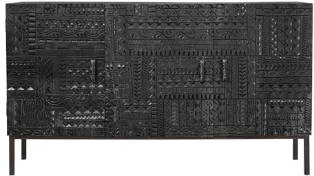 Aparador Jeroglífico de Madera Maciza de Mango Negro con 3 Puertas - Mueble de Almacenaje con Tallado y Base Metálica - Estilo Étnico Contemporáneo - 150 x 40 x 85 cm - Colección Jeroglifico