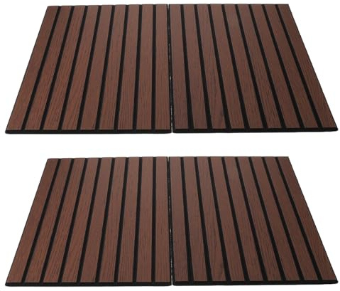 4pcs Self Adhesive Acoustic Panels 11.8x15.7 Inch Coffee | Polyester Build, Removable Fit for Bedroom and Home Spaces, Modern Minimalist Slat-texture Finish