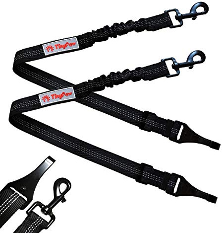 TinyPaw 2 Pack Heavy Duty Dog Seat Belt for Car, Great Dog Seat Belt with Bungee & Latch for Safety while sudden brake, All Metal Heavy Duty & Tangle-Free Attachment, Adjustable Length. (Black)