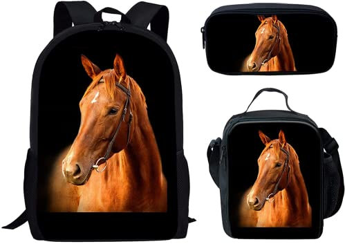 DISNIMO Brown Horse Lightweight Backpacks for Teen Girls Boys School Satchel Bookbag with Lunch Tote Bag Pen Pencil & Marker Cases for 5-19 Years Old 17 Inch Kids Rucksack Travel Laptop Daypack