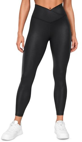 CRZ YOGA Womens Butterluxe Matte Faux Leather Cross Waist Leggings 25 - V Crossover High Waisted Lounge Black Classic Small
