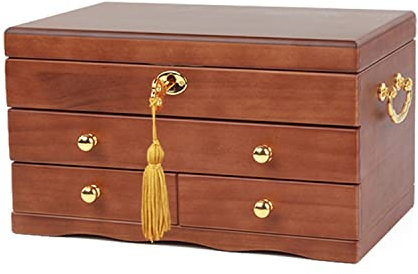 Großer Schmuckkästchen-Organizer Aus Holz 3-lagiger Abschließbarer Schmuckkoffer Ringe Perlen Vitrine mit Herausnehmbarem Tablett (braun)