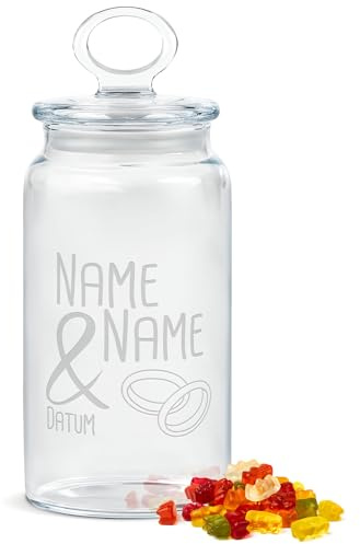 Print Royal PR Personalisierte Keksdose aus Glas mit Gravur zur Hochzeit - 1100 ml - Ringe mit Namen und Datum als Geschenk zur Hochzeit | Personalisiertes Geschenk Ideen Hochzeitsgeschenk