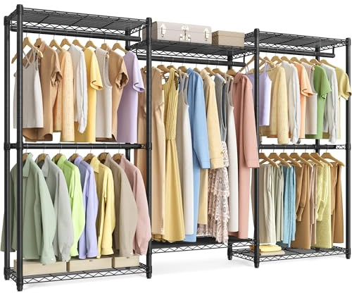 SONGMICS Heavy-Duty Clothes Rack, Garment Rack, Portable Closet, 86.4-Inch Wide Clothing Rack with Adjustable Mesh Shelves and Hanging Rails, Ink Black ULGR434B01