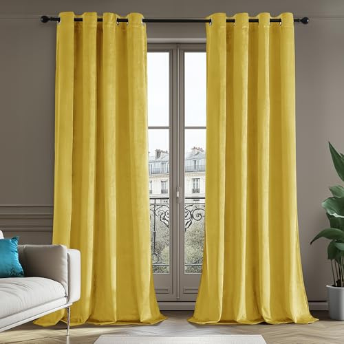 Deconovo Samt Vorhang 100% Verdunkelung Blickdicht Vorhänge mit Ösen für Schlafzimmer Velvet Curtains Gardinen Wohnzimmer Kälteschutz Samtvorhang Thermovorhang, 240x140cm(HöhexBreite), Gelb, 2er Set