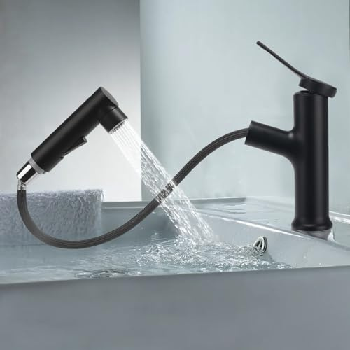 VirtuGro Robinet Salle de Bain avec Douchette Extractible (Noir) | Mitigeur Lavabo a 3 Modalità Cartouche Monocommande Miscelatore Eau Chaude et Froide en Céramique Blanc/Gris/Argenté/Noir