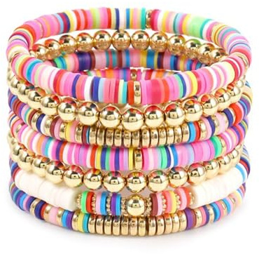 KIRVOS 7Pcs Surfer Armbänder Set,Regenbogen armbänder Boho Perlen Armband,Böhmen Stretch armbänder,Stretch Armband Wunderschöner Sommer Strand Perlen Set Schmuck