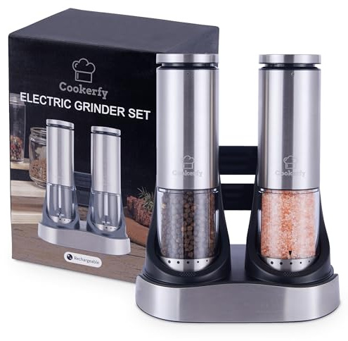 Electric Salt and Pepper Grinder Set Rechargeable Base, Stainless Steel Automatic Electric Salt and Pepper Shakers Set, Led Light, 95ml Capacity Refillable, 6 Coarseness Levels. Kitchen Accessories