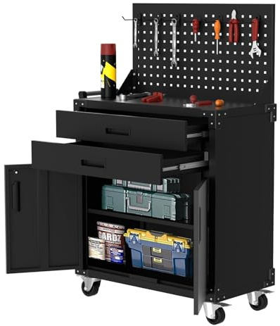 35 Heavy-Duty Steel Rolling Tool Cabinet with 2 Deep Drawers, Adjustable Shelves & Pegboard, Locking Casters, Mobile Garage Storage Organizer & Workbench for Workshop, Warehouse Tools