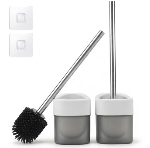 EINESIN Juego de 2 cepillos de inodoro de silicona y soporte, cepillos de inodoro con mango de acero inoxidable para baño, cepillo de limpieza de inodoro, 7 cm de diámetro, color negro