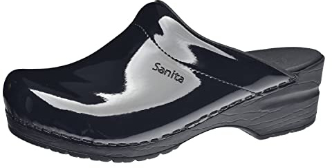 Sanita Sonja Patent | Zoccoli Aperti da Donna | Zoccoli Artigianali Originali in Pelle Flessibile | Plantare Anatomico in Schiuma Morbida | Nero | 37