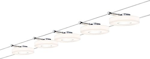 Paulmann 941.09 DiscLED1 Wire System Spot Lights - Tension Wire Lighting Set w/ 5 Ceiling Lights,10m Cable Wire & 30VA Transformer - Energy Efficient Warm LED Room Lights 230/12V in Chrome Satin, 1000x0,5x16,5 cm