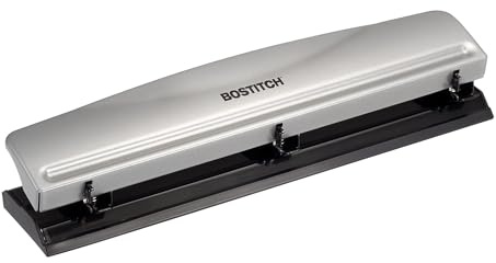 Bostitch Office Premium 3 Hole Punch, 12 Sheet Capacity, Metal, Rubber Base, Easy-Clean Tray, Silver