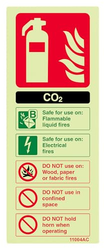 V Safety 11004AC-GS Glow In The Dark Carbon Dioxide Co2 Id Fire Extinguisher Sign - 75mm x 200mm - Self Adhesive Vinyl