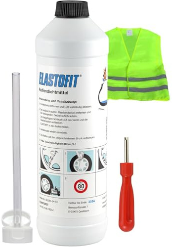 ELASTOFIT 700ml Plus Reifen Dichtmittel Ersatzflasche Reifen Pannenset | Mind. 10 Jahre haltbar. Für alle PKW und SUV mit Warnweste