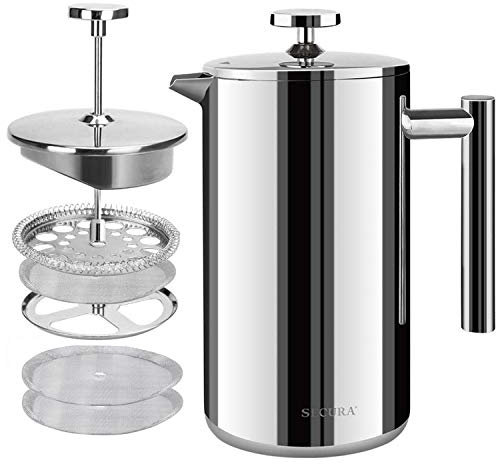 Secura Cafetière French Press Coffee Maker, Stainless Steel Insulated Coffee Press with 3-Layered Stainless Steel Filter Structure, Included 2 Extra Screens, 1.5 Litre, Silver