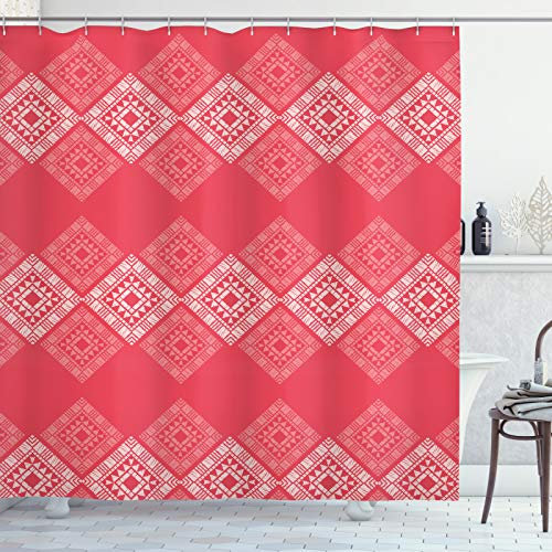 ABAKUHAUS Aztekisch Duschvorhang, Quadrat und Dreieck Forms, Stoffliches Gewebe Badezimmerdekorationsset mit Haken, 175 x 220 cm, Dunkle Koralle Blasse Eierschale