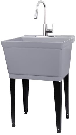 Laundry Sink Utility Tub With High Arc Stainless Steel Pull Down Faucet By JS Jackson Supplies, Heavy Duty Sinks With Installation Kit for Washing Room, Workshop, Basement, Garage, Slop Sink, Grey Tub