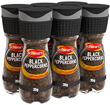 Schwartz Black Peppercorn 35 G | Jar with Grinder | Pack of 6 | Hot, Zesty, and Biting Taste | Distinctive Aroma | Versatile Spice | Perfect for Burgers, Marinades, Sauces, Steaks and Kebabs