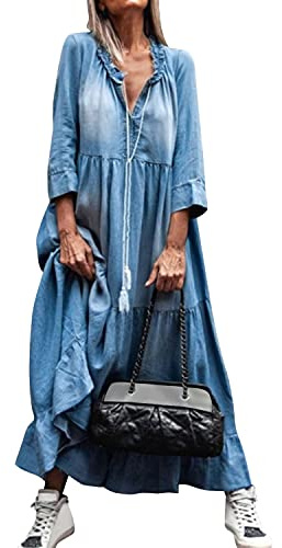 Womens Ruffle Neck Half Sleeve Maxi Denim Dress Summer Casual Loose Fit Long Dress