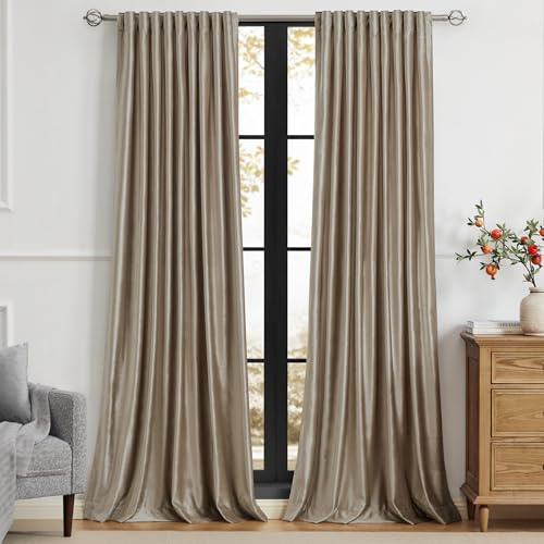 PRIMROSE Taupe Curtains 96 inch for Living Room,2 Panels Velvet Drapes Blackout Rod Pocket Back Tab Window Treatment Room Darkening Decorative Thick Curtains for Bedroom