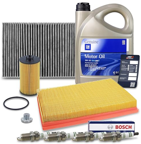 BESTPRICE Inspektionspaket Filterset mit 1x Luftfilter, 1x Innenraumfilter, 4x Zündkerze, 1x Motoröl 5W-30 OPEL dexos2® 5 l Kompatibel mit OPEL ASTRA G (T98) (F35), ASTRA H (A04), ASTRA J GTC,