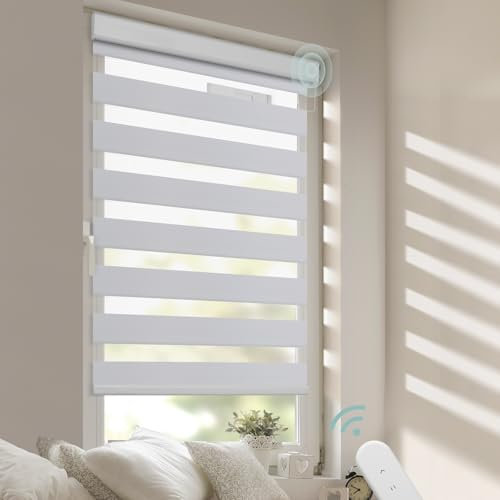 DENFOON Elektrisches Doppelrollo 50cm X 150cm, Klemmträger Für Doppelrollo, Duo Rollo mit Kassette und Fernbedienung, Höhe Stufenlos Verstellbar/Kindersicherung für Fenster