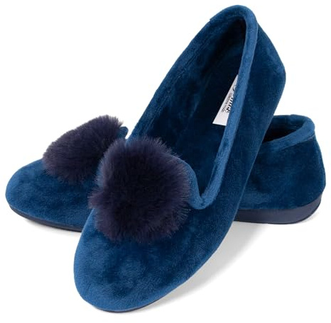 JOMIX Scarpe Ballerine Donna Invernali Ciabatte Ragazze in Velluto Rasato Pantofole Chiuse Eleganti Leggere Pelose Morbide Calde da Casa con Pompom ES2027-8 (Navy, 37)