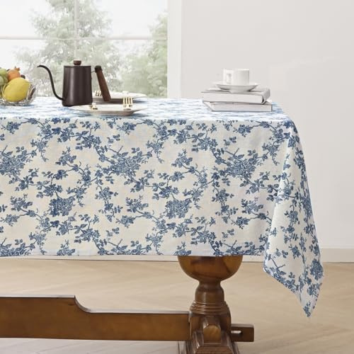 Aoztio 260×140 cm Tischdecke Abwaschbar, Tischdecke Outdoor Blau Blume | Tischdecke Blumen, Baumwolle Leinen, Maschinenwaschbar, Dauerhaft Kratzfest, Gartentisch, Geburtstag, Party, Esszimmer