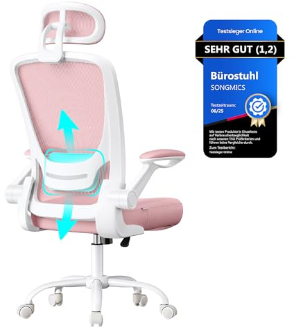 SONGMICS Sedia da Ufficio Girevole, Sedia di Rete da Computer Ergonomica, Supporto Lombare, Oscillante, Seduta 53 cm, Braccioli Pieghevoli, Poggiatesta, Rosa Pastello OBN047R01