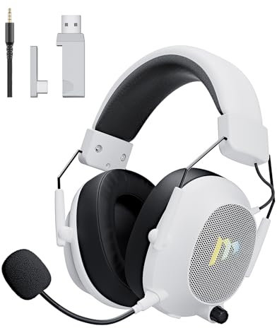 Mytrix Tac Master 2.4GHz Wireless Gaming Headset with Noise Canceling Microphone for PC, PS4, PS5, Mac, Bluetooth 5.3 Gaming Headphones with RGB Light, Surround Sound, 50H Battery (White)