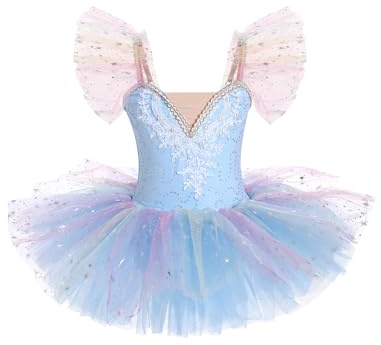 OBEEII Vêtements de Ballet pour Enfants Fille Robe de Ballet Justaucorps de Gymnastique Tutu Robe de Danse Bleu 5-6 Ans