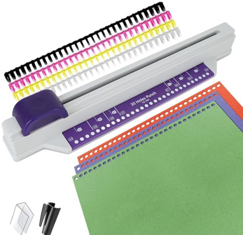 Perforatrice de 30 Trous, Machine à Reliure Manuelle capacité de 6 Feuilles, Perforatrice de Papier avec 4 Bandes de Reliure à Feuilles Mobiles, Perforatrice Polyvalente