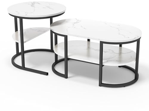 QMTXBYJ Couchtisch 2er Set, Couchtisch Rund, Satztisch 2er Set, Ovaler Beistelltisch mit Stauraum, Wohnzimmertisch aus Holz mit Metallrahmen, Moderne Kaffeetische Sofatisch für Wohnzimmer