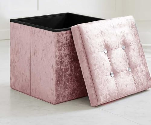 Home Republic Crushed Velvet Ottoman Storage Box – Foldable Cube Ottoman with Lid – Multipurpose Toy Chest, Foot Rest, Bench Seat & Nursery Storage Solution (Pink Blush, 38W)