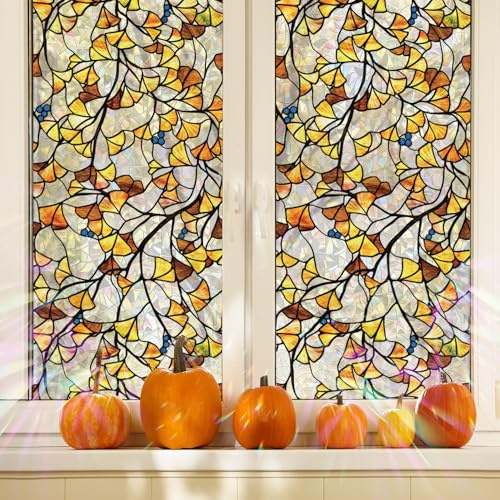 Flortlias Fall Stained Glass Rainbow Window Privacy Film Autumn Leaf Window Cling, Stained Ginkgo Leaves, 118.11 x 16.93