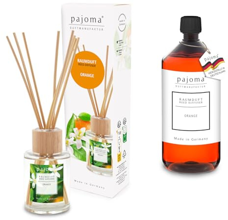 pajoma® Raumduft Orange 100 ml + Nachfüller 1000 ml | Komplett-Set mit Rattanstäbchen | Langanhaltender Diffuser, Premium Qualität