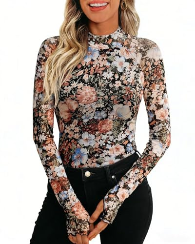 Nivarela Damen Mesh Langarmshirt Transparent Stehkragen Blumenmuster Slim Schwarzer Blumendruck L