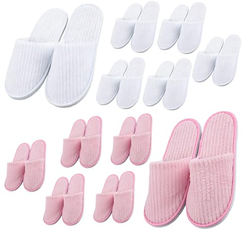 GOEDCH 10 par korallfleecetofflor, vita och rosa spa, korallfleece, gästtofflor, tvättbara bomullstofflor unisex, hotelltofflor för wellness, resor, badrum