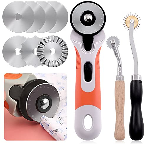 Keadic 10Pcs Quilting Rotary Cutter Set, 45mm Safety Rotary Cutter with 7 Replacement Blades & 2Pcs Tracing Wheel, Fabric Leather Cutting Tools for Sewing Craft DIY
