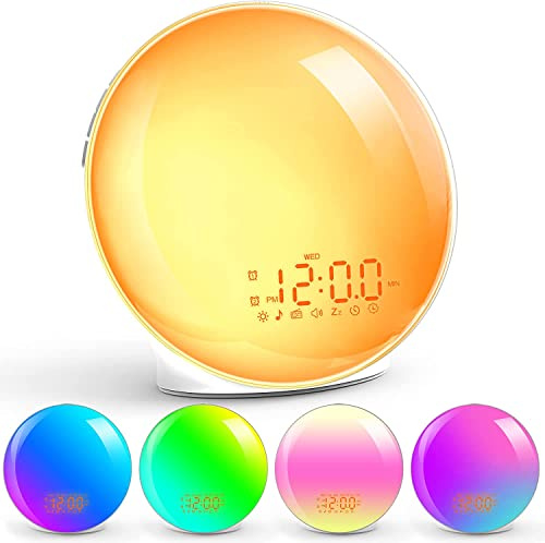 Despertador Luz Wake Up Light con Alarmas Duales de Simulación de Amanecer/Atardecer Reloj de Alarma, Radio FM & 8 Sonido Natural, 3 Modos de Luz, Snooze, Alarmas Duales Regalo para Niños, Adultos