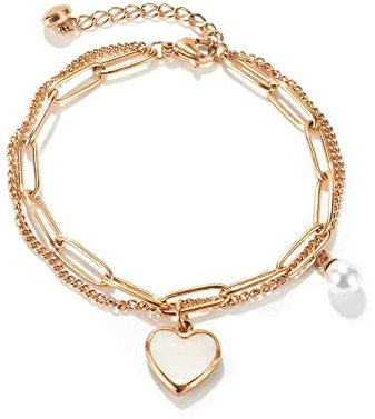 Ayoiow Armband Kette für Frauen, Armband Kette Titan Doppelschicht mit Herz Charm-Armbänder