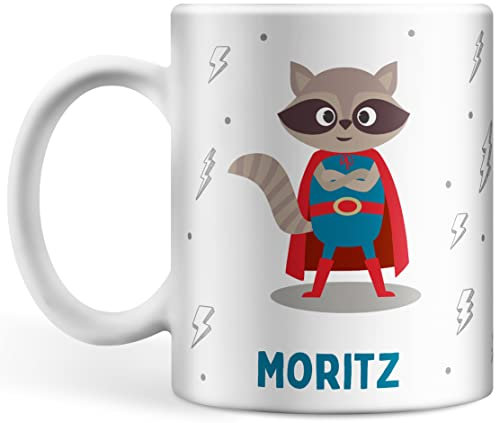 Tasse personalisiert mit Namen Superheld für Kinder Namentasse Kindertasse für Mädchen und Jungs Geschenktasse Spruchtasse Keramik mit Druck Kinder Tasse (Waschbär)