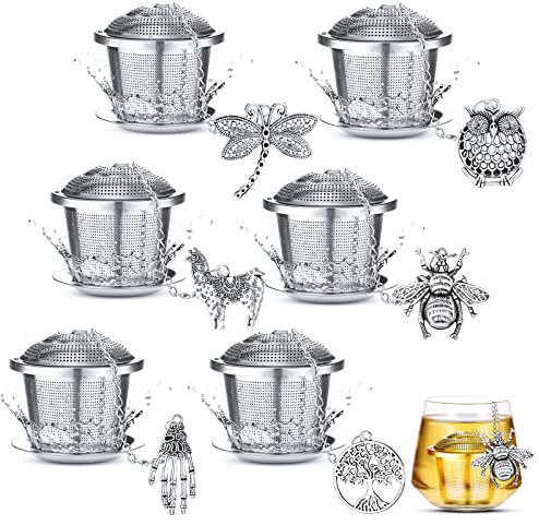 Retro Style Tea Leaf Mesh Strainer Infuser Set - 6 Pcs Stainless Steel Tea Ball Strainer with Charm Pendant & Extended Chain Hook