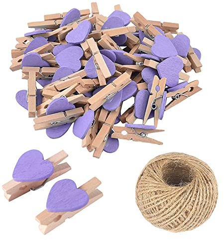 SKYPRO 50 mini mollette in legno viola a forma di cuore, multicolore, piccole mollette con cuore, clip per foto da 3 cm, piccole mollette con cordino per esporre foto, artigianato fai da te
