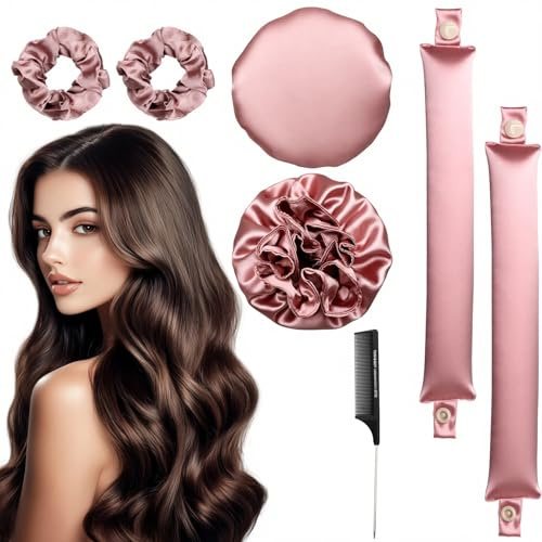 Scettar 2 Pairs Heatless Hair Curlers Heatless Curlers Headband, Bun Bons Satin Heatless Curls Set Heatless Curling Rod, For Sleeping Overnight Lazy Curlers DIY Hair Styling Tools-Pink