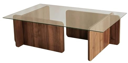 Menzzo Table Basse Design Alazar 105cm Bois foncé et Verre Transparent