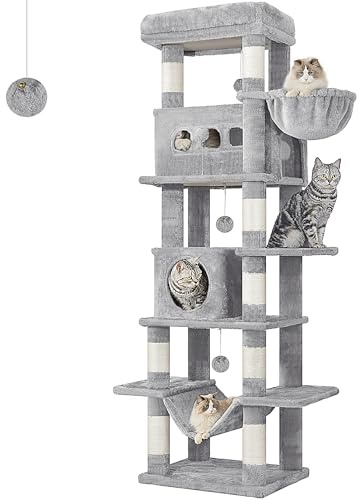 Hzuaneri Kratzbaum groß, 170 cm hoch, Katzenbaum, mit 8 Kratzbäume, 2 Höhlen, groß Plattformen, Waschbare Matte, Hängematte, Plüschbälle, mehrstöckiger katzenkratzbaum, Hellgrau MS17018LG