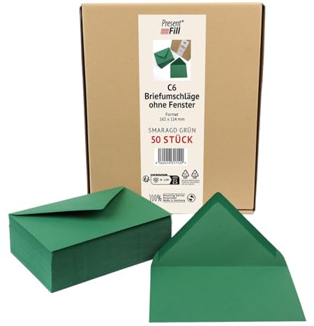 PresentFill® 50 x Briefumschläge Smaragd Grün C6-162 x 114 mm ohne Fenster I 100% Recycling Kraftpapier I 120 g/m² stark I Blauer Engel zertifiziert I Made in Germany