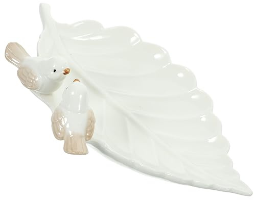 BESTYASH Plateau à Bijoux Idée Cadeau en Céramique Blanc de Feuille Oiseau pour Rangement et Nettoyage Facile Organiseur Pratique pour Chevet